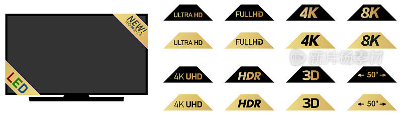 Black or gold labels with display tv resolution and simple tv mockup